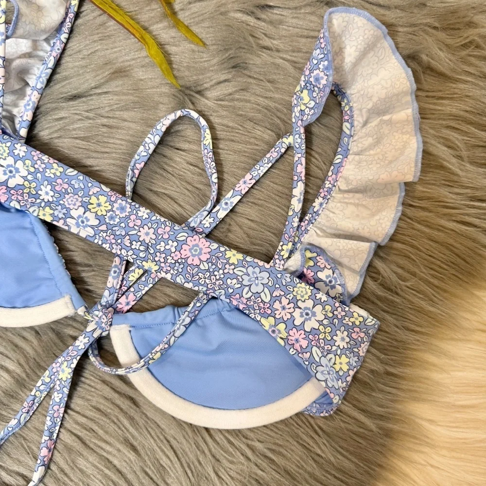 NWT Frankie’s Bikinis Blue Birdie Women’s Underwire Bikini Top Sz S